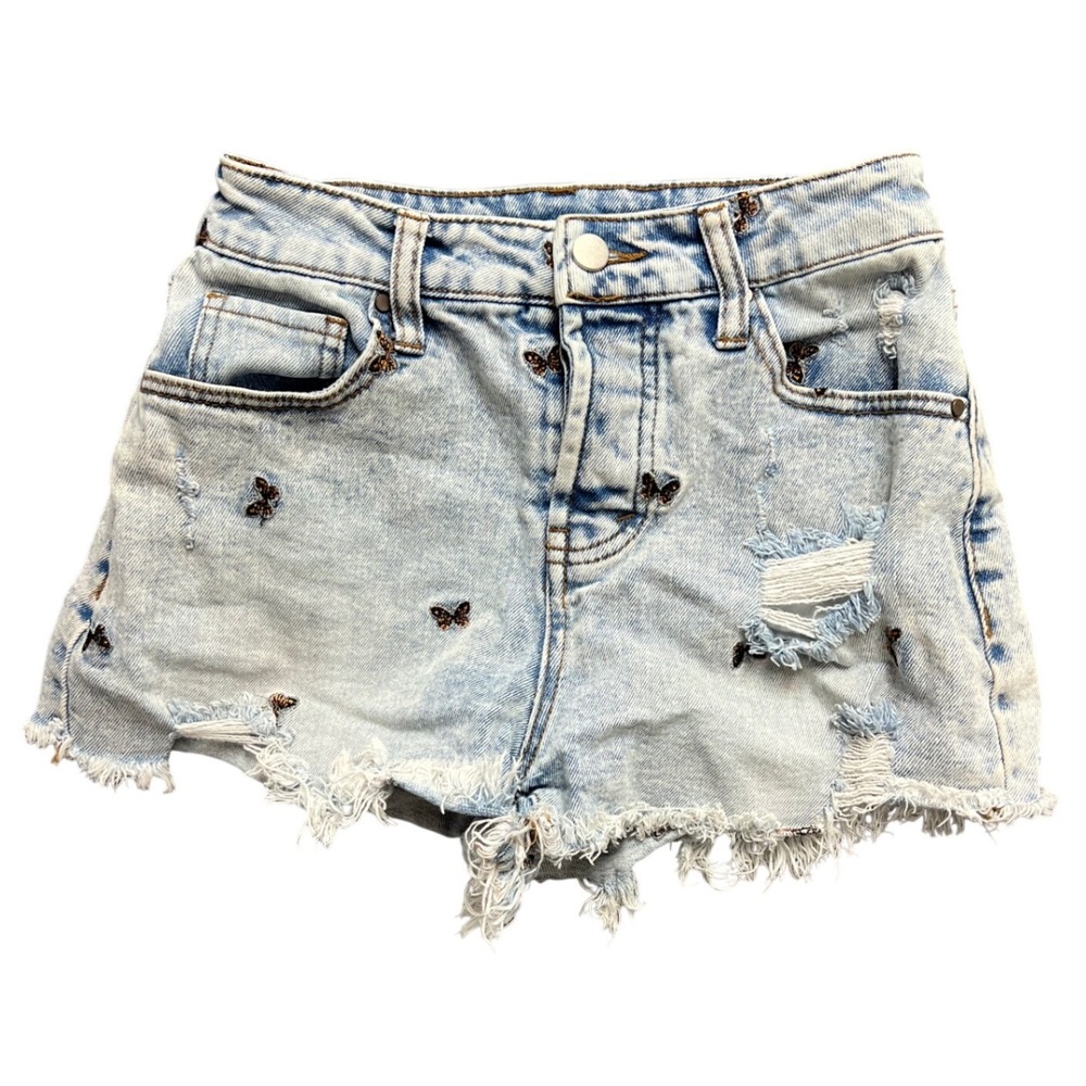 Tinseltown Butterfly Embroidered Distressed Denim Shorts Light Wash Size 1 25